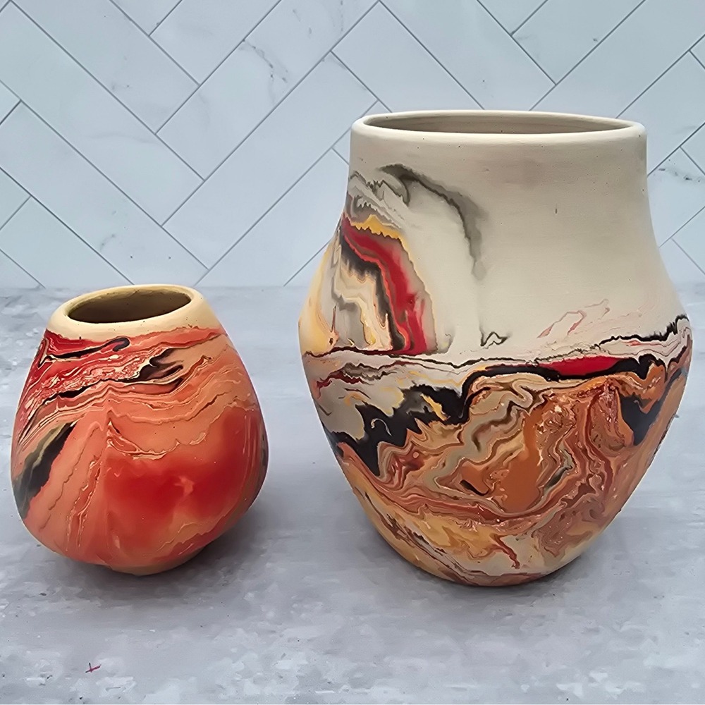 Nemadji Native American Clay Pottery Marbled Swirl Vases Set of 2 Red Orange Tan